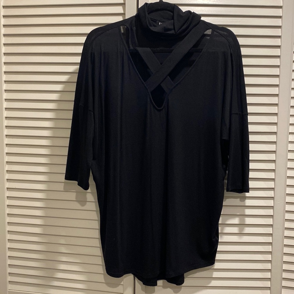 Black Criss Cross Faux TurtleNeck Top